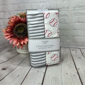Modern Baby 2 Pack Swaddle blankets Gray Stripes Baseball Print NEW